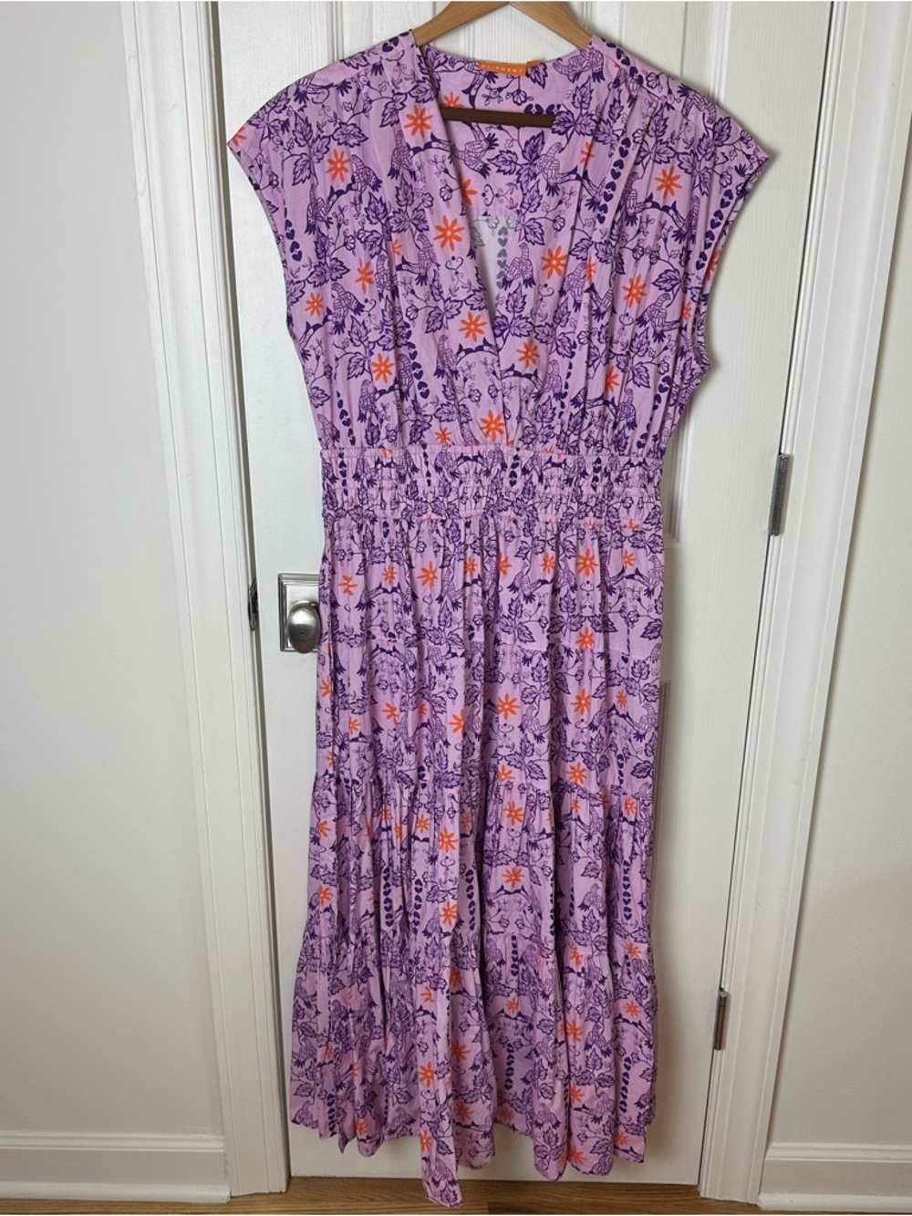 Oliphant Purple Floral Midi Dress with Orange Accents